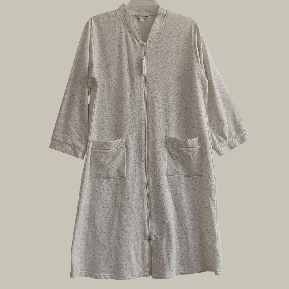 Miss Elaine Robe Women Size S Cream Floral Zip Front Tassel Loungewear Housecoat